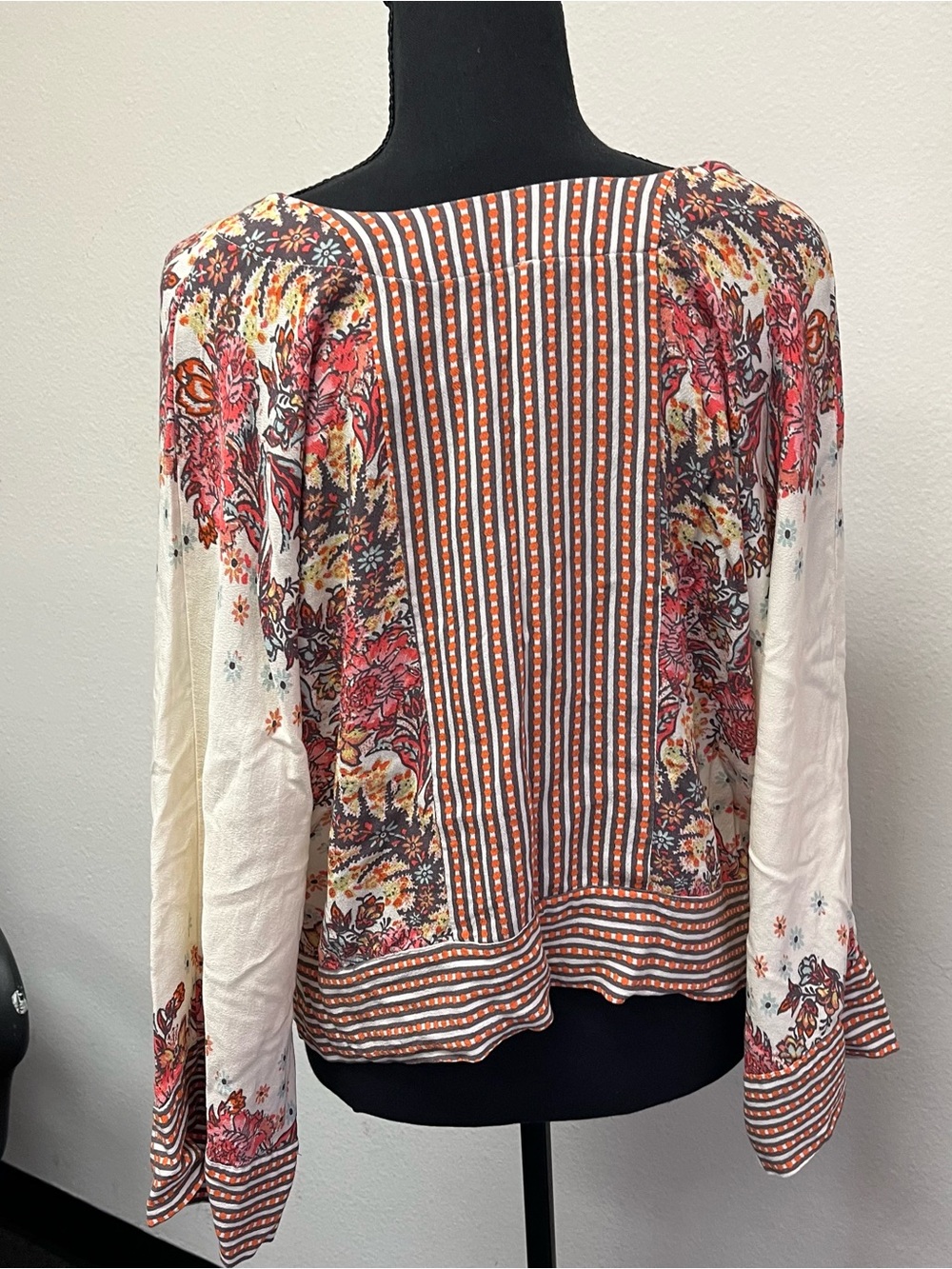 Free People Floral Cream and Brown Boho Long Sleeve Top - Picture 9 of 14